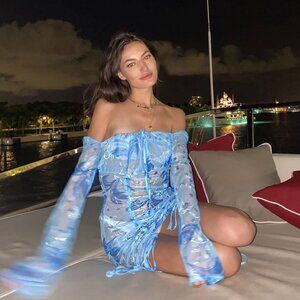 Kim Shui Sheer Mesh Floral Ruched Mini Dress – Baby Blue (Size S)